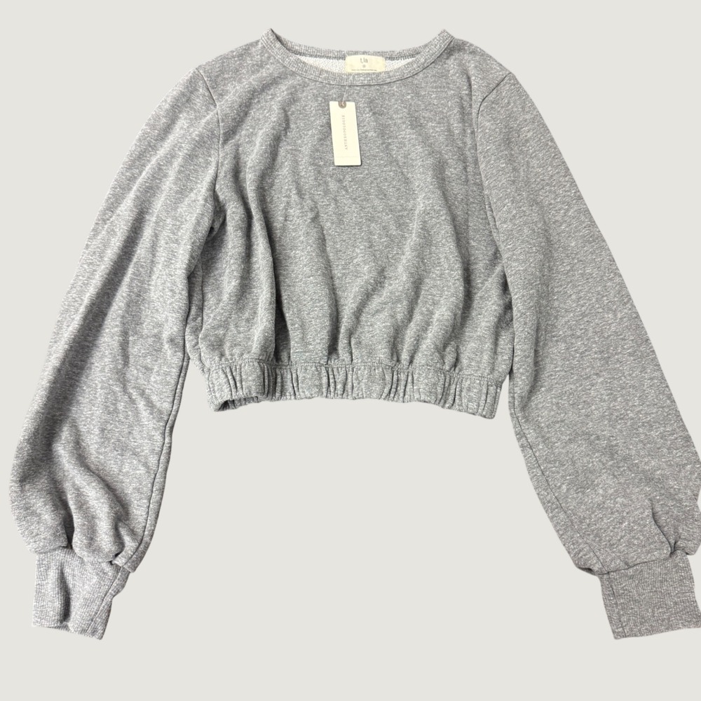 Anthropologie t.la Cropped Grey Heathered Elastic Hem Sweatshirt Size S NEW